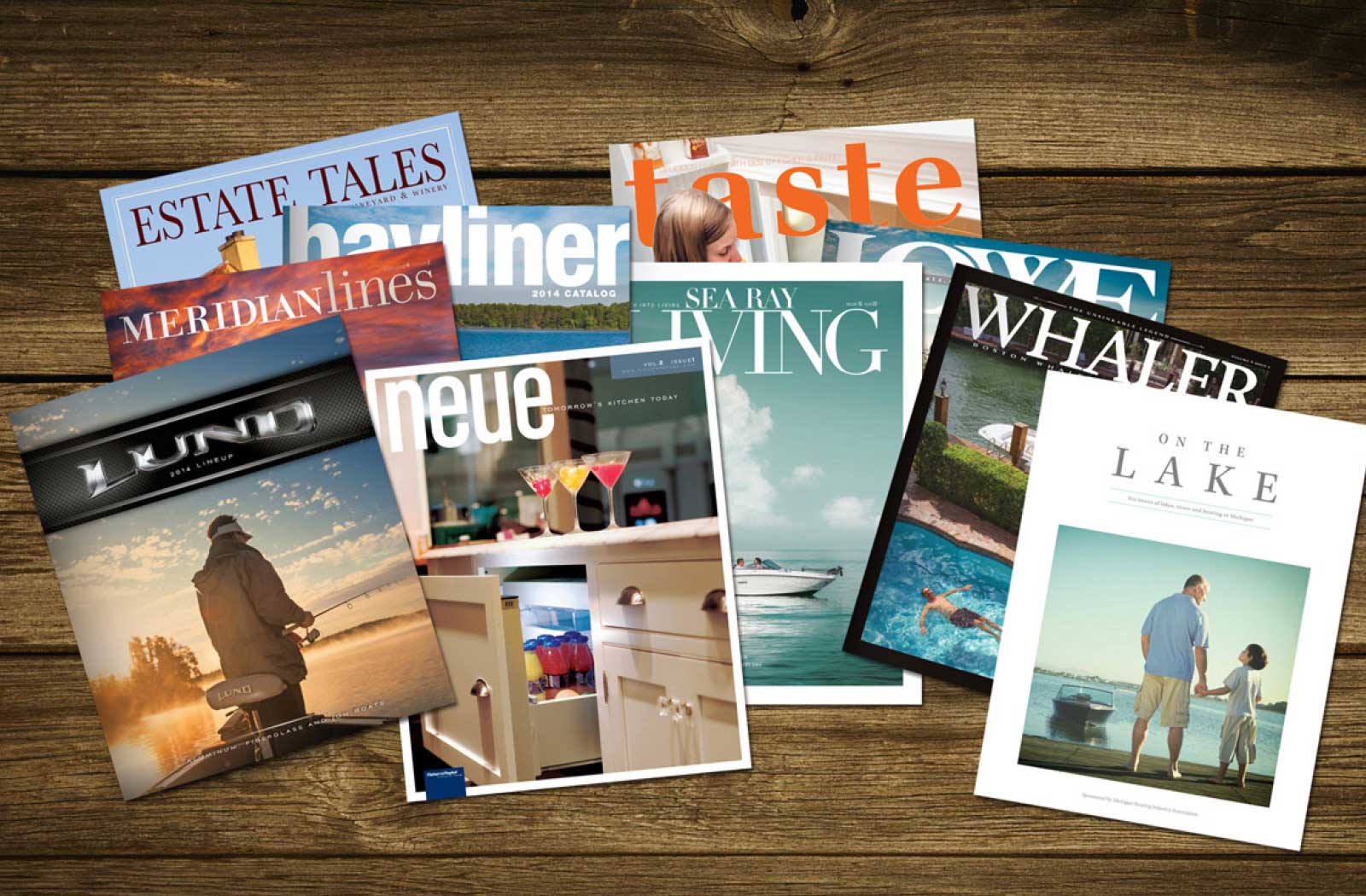 Collection of magazines lay on a table