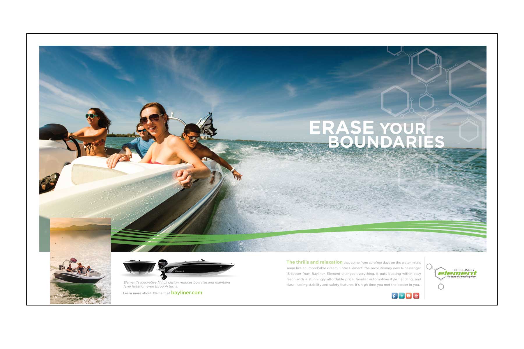 Advertisement image of friends in an Element boat with text "Erase your boundaries"