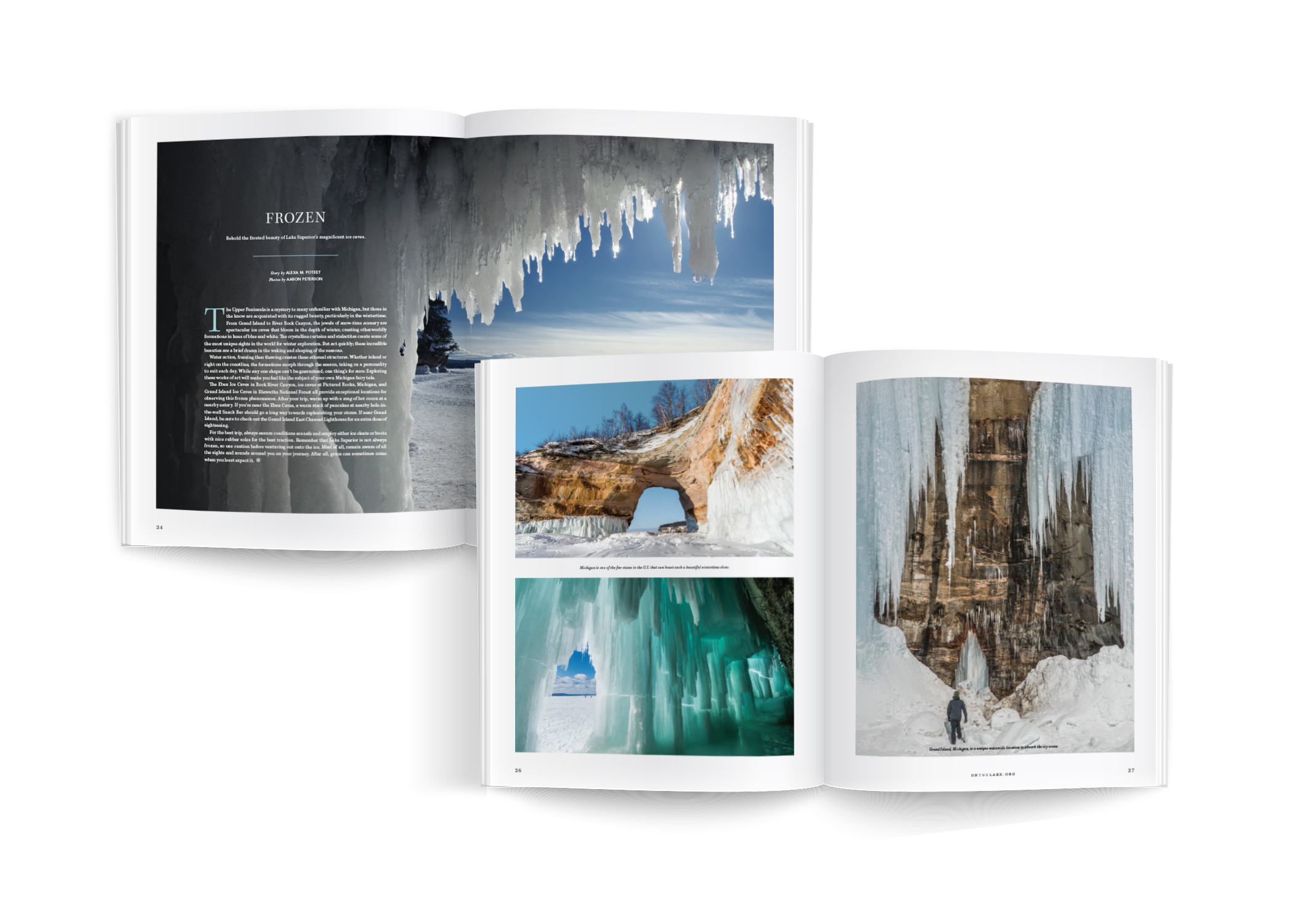 Open magazine spreads display article titled "Frozen" and several images of ice caves and icicles