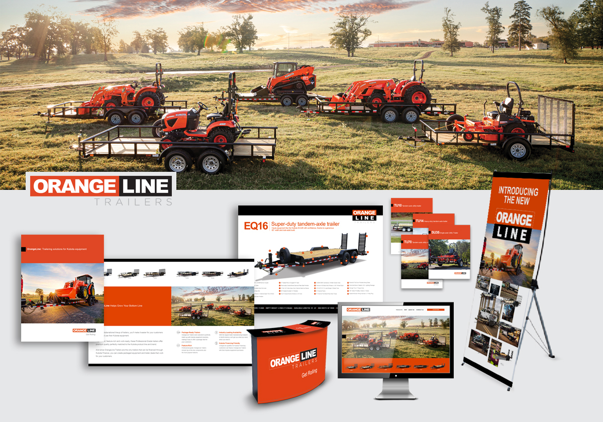 Collection of OrangeLine Trailers magazines, webpages, and ads in front of an image of several trailers