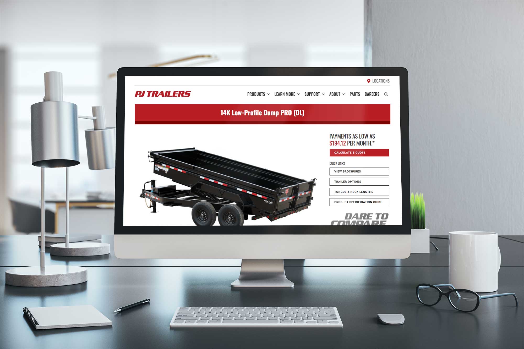 PJ Trailers website on a desktop computer