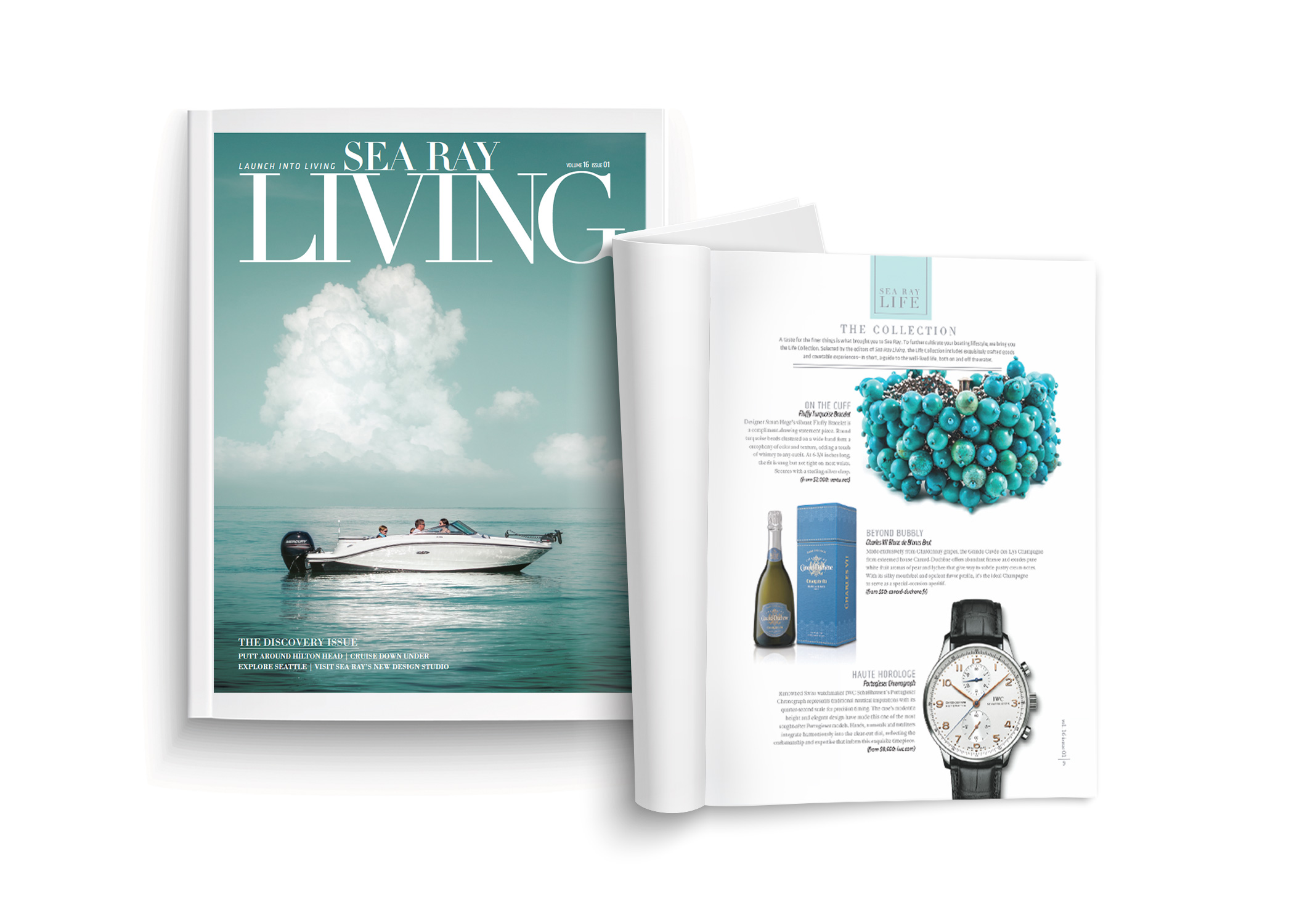 Sea Ray living magazine cover featuring boat on open waters and one open magazine spread