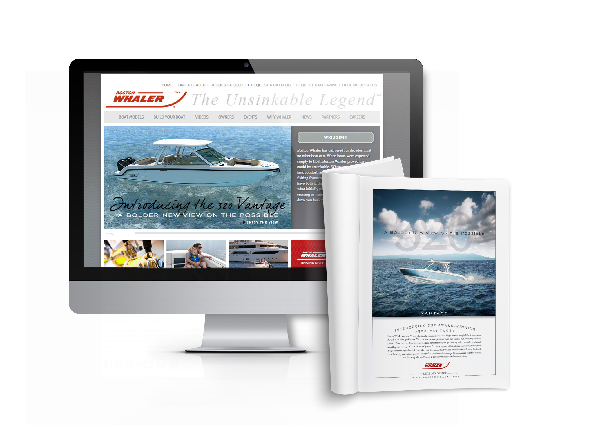 Boston Whaler website displayed on a desktop computer with an open magazine featuring a Boston Whaler ad in front